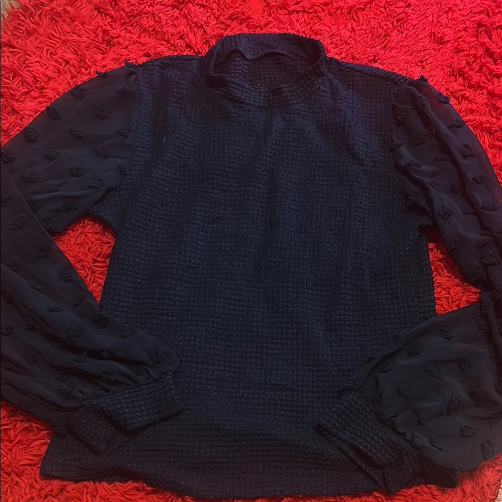 Navy Textured Long Sleeve Blouse